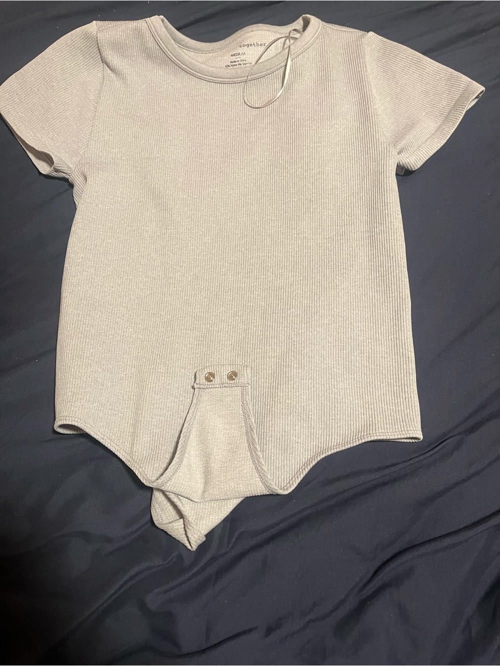 Together Ribbed Short-Sleeve One-Piece Bodysuit in Light Beige